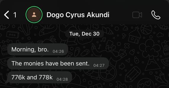 Student testimonial screenshot: Cyrus's student receiving ₦1.5m in scriptwriting income