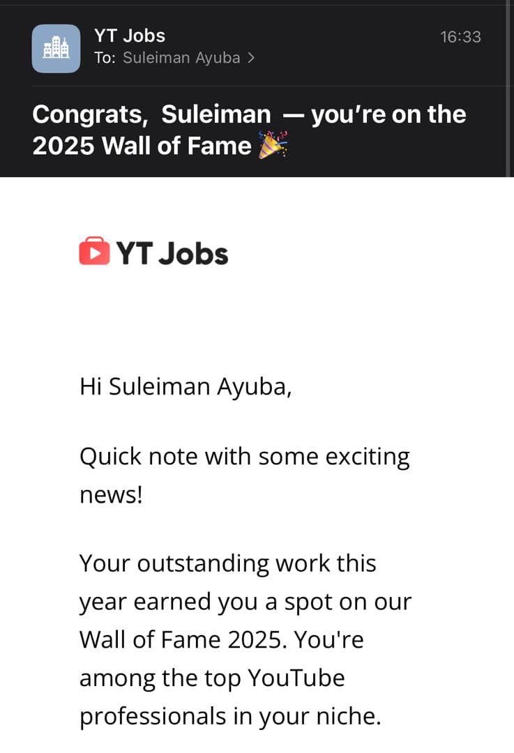 Suleiman awarded as Top 1% of YouTube scriptwriters in 2025